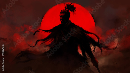 A black samurai with a katana and tattered clothes stands in the fog, his hair is gathered in a bun, behind him is the red sun, shrouded in clouds. 2D illustration