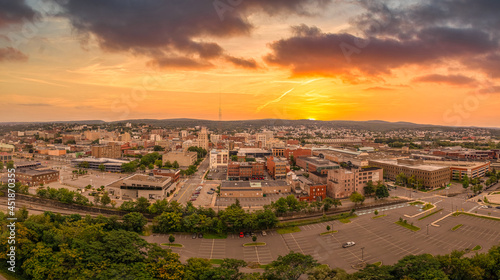 Aerial sunset view of Scranton Pennsylvania, steamtown or electric city home to the legendary office with dramatic colorful sky