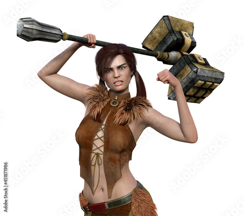 Illustration of a barbaric woman with a huge hammer with arms up in a defensive pose on a white background.