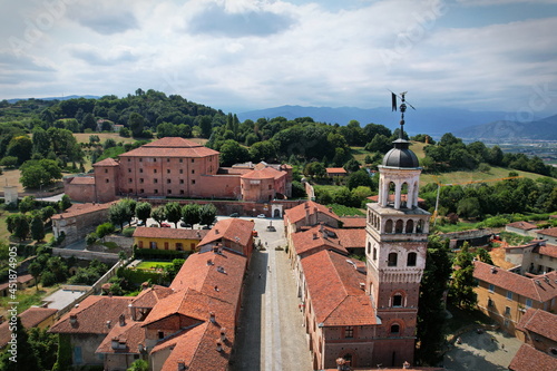 Aerial view of the town of Saluzzo, one of the best preserved medieval villages in Piedmont, Italy