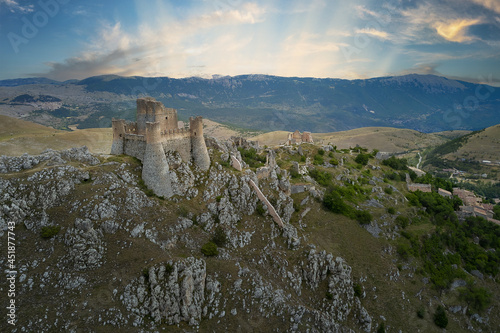 aerial view of the medieval castle of rocca calascio abruzzo during sunrise