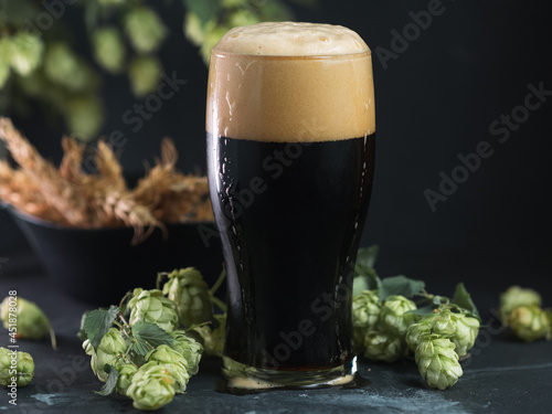 glass of dark beer, craft stout or porter with green hop cones