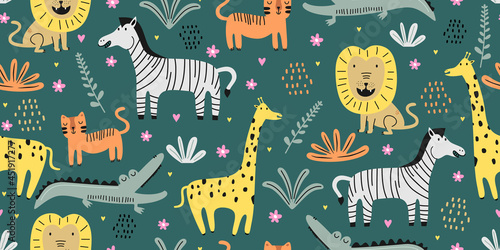 Cute animal seamless pattern with jungle drawing. Hand drawn floral animal seamless pattern on the white background. Exotic jungle wallpaper.