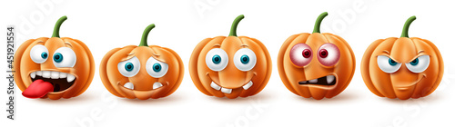 Halloween pumpkins vector set. Halloween pumpkin character in funny, happy and scary facial expression for element collection isolated in white background. Vector illustration.