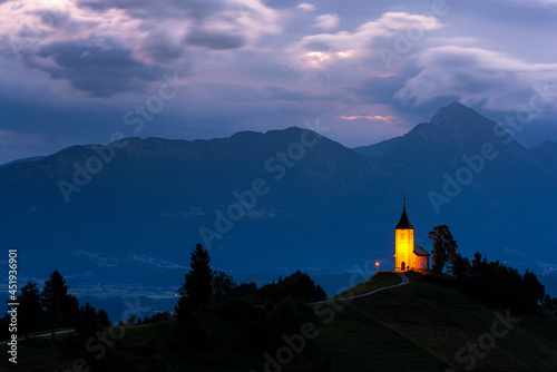 Scenic Church of St Primoz in Jamnik Slovenia Illuminated at Sunrise