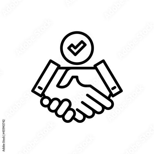 Commitment, approved, partnership, collaboration, resolution thin line icon. Handshake with tick. Vector illustration.