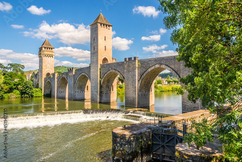 View at the Valentre bridge over Lot river in Cahors - France.