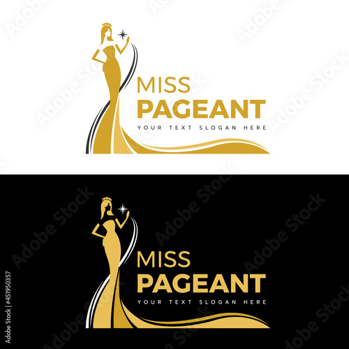 miss pageant logo - yellow gold and Black The beauty queen pageant in long evening gown wearing a crown and hand hold star vector design