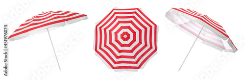 Set with striped beach umbrellas on white background. Banner design