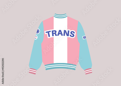 A colorful bomber with a Trans sign on the back, a transgender pride outfit