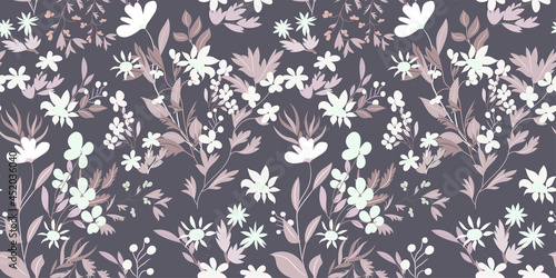 Seamless pattern. Vector floral print in an elegant color palette-ash pink and silver. Flower branches and leaves of grasses, meadow plants. Vintage romantic background. Vector illustration.