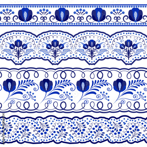 Collection of blue ornamental Seamless borders for the design in the style of ethnic porcelain painting. Floral Brushes with leaves and flowers isolated on white.