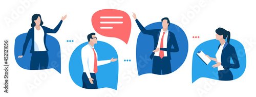 Discussion. Communication concept. Business people talking standing in the speech bubbles. Vector illustration