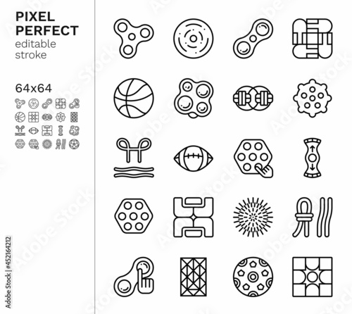 Trendy fidget toys icon set included spinner, simple dimple and others antistress games for kids and adults. Suitable for autistic people. Pixel perfect 64x64 icons with editable stroke.
