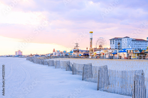 Evening on the beach and boardwalk of Ocean City, New Jersey. 