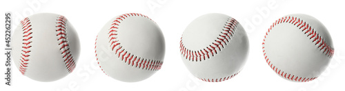 Set with traditional baseball balls on white background, banner design. Sportive equipment
