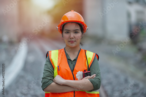 portrait of a worker. Engineer on railways. engineer train on the railway. Worker walk on railway. engineer railway concept.