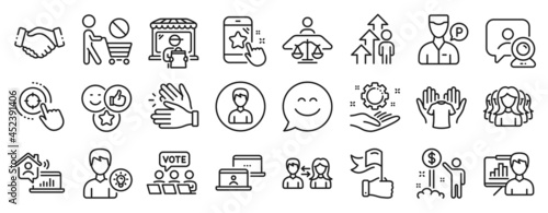 Set of People icons, such as Star rating, Smile chat, Person idea icons. Court judge, Delivery market, Hold t-shirt signs. Clapping hands, Online voting, Employee hand. Women group, Person. Vector