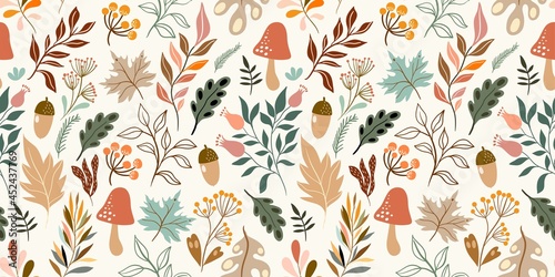 Autumn decorative seamless pattern with seasonal elements, acorns, plants, leaves, mushrooms 