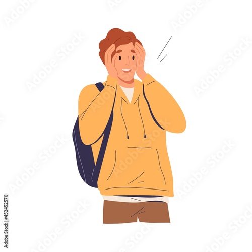 Surprised amazed man with happy shocked face expression. Astonished excited person grabbing his head. Positive wow reaction to unexpected. Flat vector illustration isolated on white background