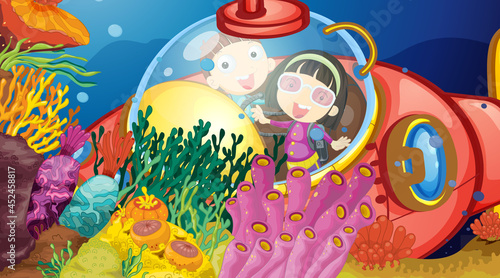 Underwater scene with happy kids in submarine exploring undersea