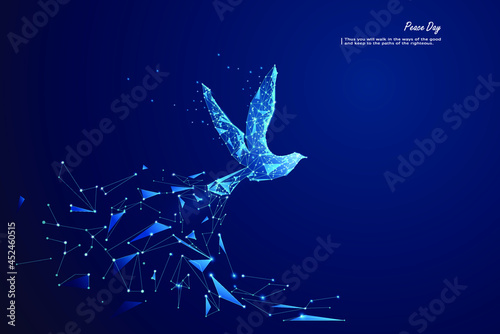 Wireframe Peace dove sign. glowing blue. Low polygon. Peace dove International Peace Day