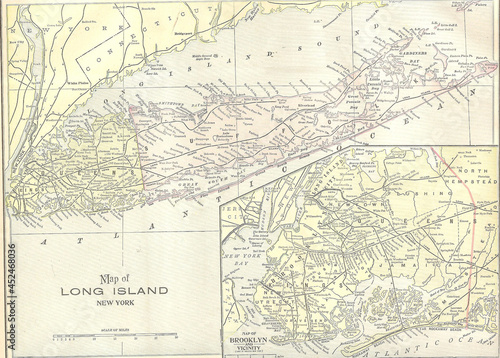 Closeup shot of thevintage 1891 map of Long Island