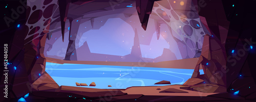 Underground rocky cave with water and blue crystals. Vector cartoon illustration of empty stone cavern with stalactites and lake or river. Old mountain grotto inside