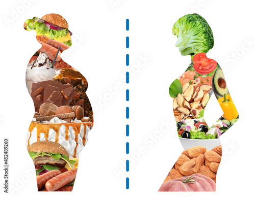 Silhouettes of overweight and slim women filled with unhealthy and healthy food on white background, collage. Illustration