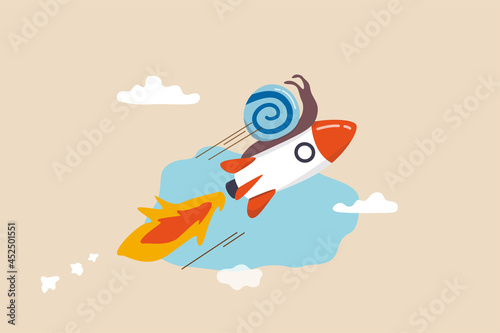 Accelerate business, increase agility and efficiency, sprint or fast, innovation to increase work speed concept, slow snail flying fast with rocket booster metaphor of accelerate working process.