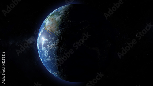 A view of the big blue marble Earth as seen from high orbit in space. Day/night terminator over the western hemisphere. 