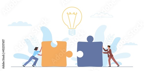 People push puzzle. Teamwork successful, idea implementation collaboration, tiny man and woman putting together big puzzle. Partnership in company and relationships. Vector concept