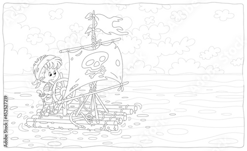 Happy little boy playing pirate on a raft with a sail with Jolly Roger and a toy steering wheel on an exciting adventure journey on summer vacation, black and white vector cartoon illustration