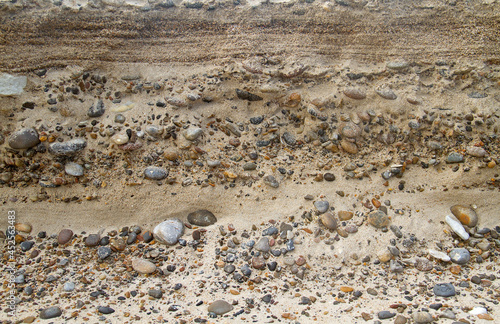 Alternation of layers of sand and gravel in a sediment near the coast