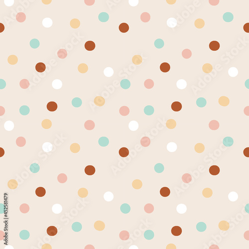 Round shapes vector seamless pattern.Colourful confetti festival party design. Hand drawn boho geometric abstract polka dots childish background. Scandinavian hand drawn patterns with circle shapes