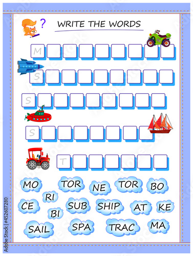 Logic puzzle game for study English. Collect words from clouds, find correct places for letters and write names of transportation. Study of syllables. Printable worksheet for kids textbook.