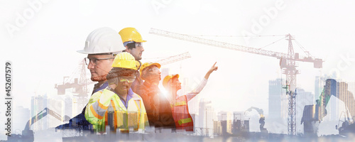 team engineer building construction project with architect people or construction worker working with modern civil equipment technology, double exposure graphic design. Building engineer,