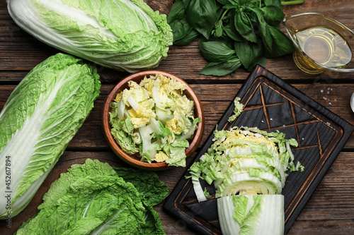 Fresh cut chinese cabbage on wooden background