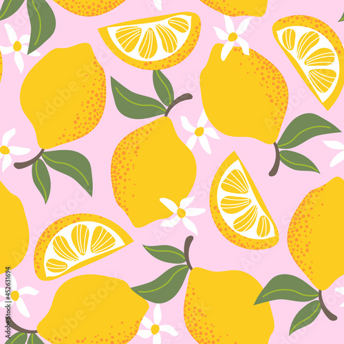 Tropical seamless pattern with yellow lemons isolated on pink background. Design for textile, wrapping paper, wallpaper.