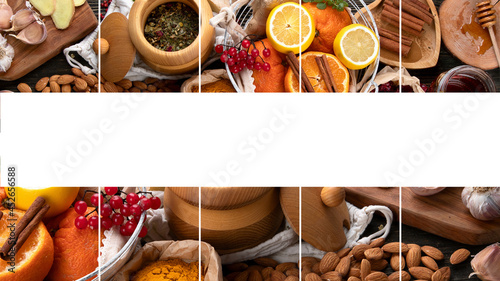 Collage of healthy products for Immunity stimulating and cold remedies.