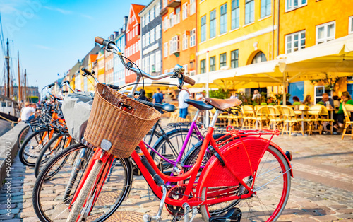 Copenhagen old town, Denmark. Nyhavn harbor, selective focus on bicycle