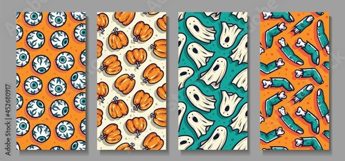 Halloween zombie finger and eye. Pumpkin and scary ghost for creepy backgrounds. Set of seamless patterns with eyeball, undead and spirit for holiday package and wrapper