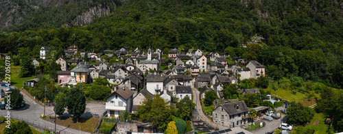 Top view of the village of Avegno in Ticino, Switzerland. Shooting with the drone.