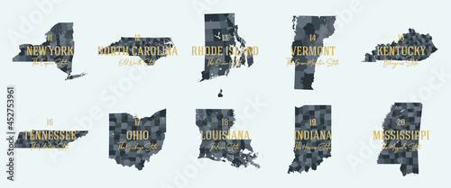 Set 2 of 5 Division United States into counties, political and geographic subdivisions of a states, Highly detailed vector maps with names and territory nicknames