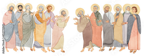 Watercolor illustration of the meeting of holy people, the apostles. For the design of publications, Bible magazines, articles