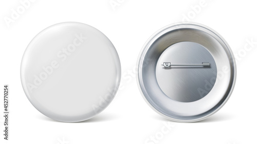 Pin badge mockup. White round badge on metal pin realictic vector illustration