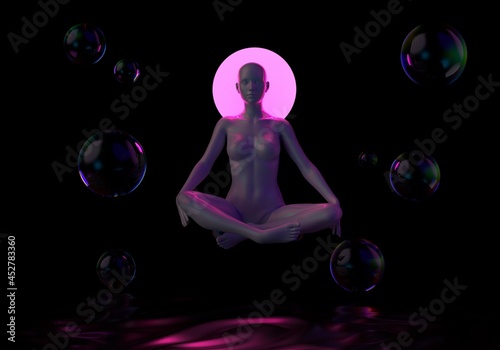 3D illustration of a meditating woman with in the lotus position. The concept of a supreme artificial intelligence or cyber godhead.
