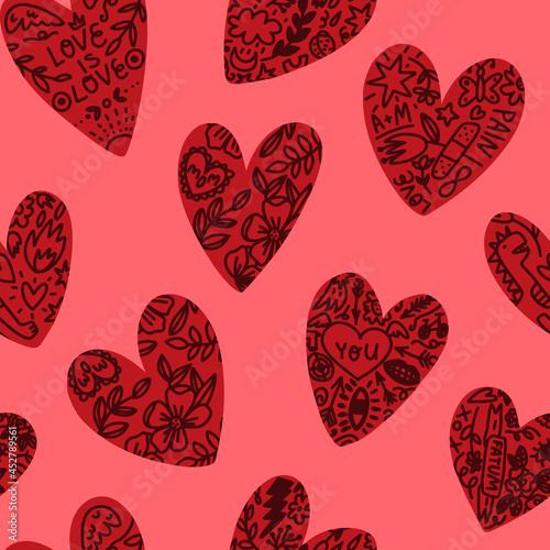 Valentine's Day seamless pattern. Hand-drawn hearts with tattoos with various symbols, phrases, messages.