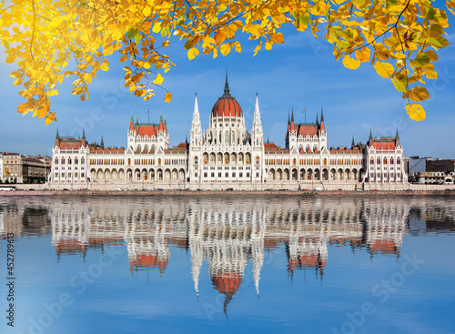 Hungarian Parliament Building in autumn reflected in Danube river, Budapest, Hungary