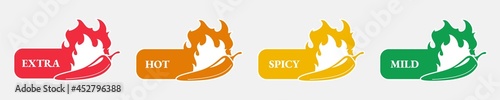Spicy hot chili pepper icons set with flame and rating of spicy Mild, medium hot and extra hot level of pepper sauce or snack food Chili pepper or chile habanero and jalapeno level Hot pepper sign